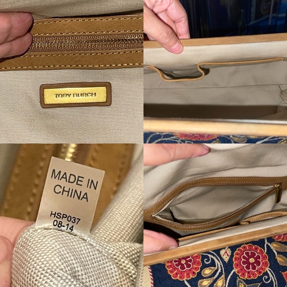 Tory Burch Tapestry Embroidered Barrel Bag Floral Carpet Navy Red Gold GUC - Picture 11 of 14